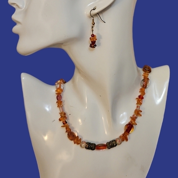 HANDMADE Orange Art Glass Chip Beaded Necklace Earrings Set - Picture 1 of 8